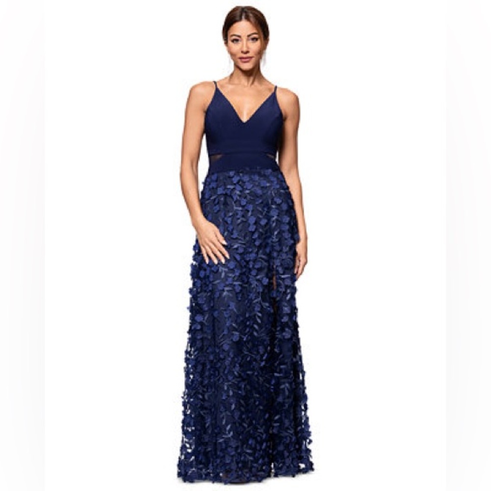 XSCAPE Women's formal Navy Flower-Skirt Mesh Gown size 12